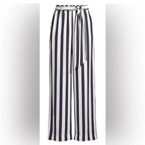 Frame Silk White & Navy Striped Wide-Leg Pants Small